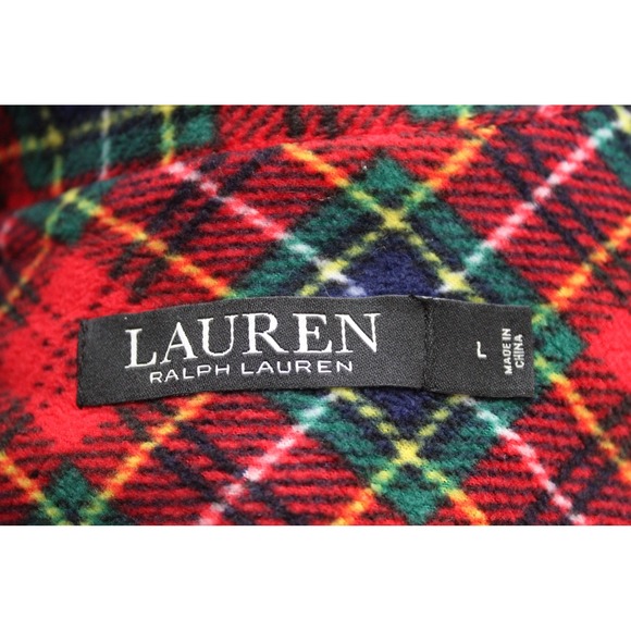 Lauren Ralph Lauren L Red Plaid Fleece Long Sleeve Button Front Pajama Top - Picture 5 of 6